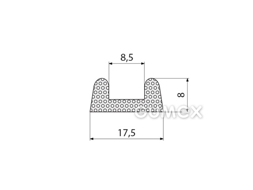 Gumový mikroporézny profil tvaru "U", 8x17,5/8,5mm, hustota 500kg/m3, EPDM, -30°C/+80°C, čierny